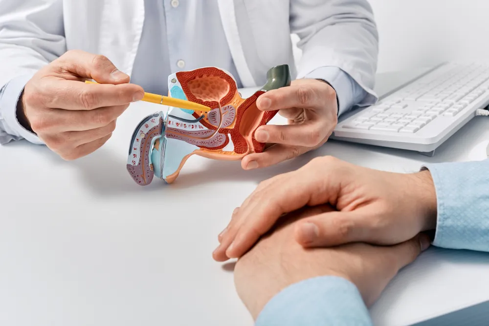 Doctor discussing prostate health using an anatomical model of the male reproductive system