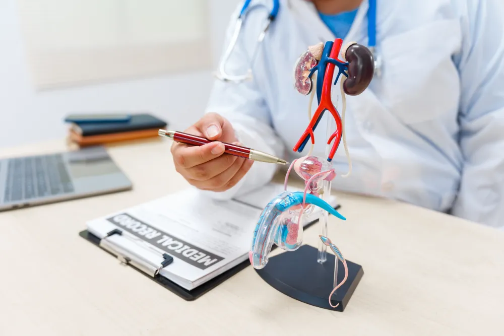Doctor pointing to a male reproductive system model during a consultation